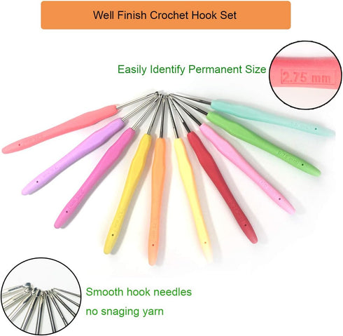 Set of 10 Small Size Crochet Hook Set, Ergonomic Handle Crochet Hook Needles for Arthritic Hands, Thread Crochet Steel Lace Hooks Size 0.5mm to 2....