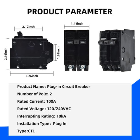100 Amp Breaker, CNAODUN 2 Pole Circuit Breaker 120/240VAC 10KA Plug-in Mount...