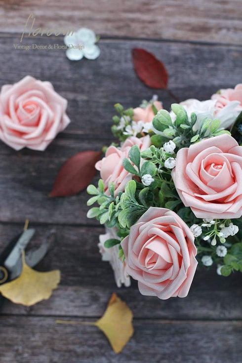 Floroom Artificial Flowers 25pcs Real Looking Shimmer Blush and Peach Foam Fake Roses with Stems for DIY Wedding Bouquets Bridal Shower Centerpiec...