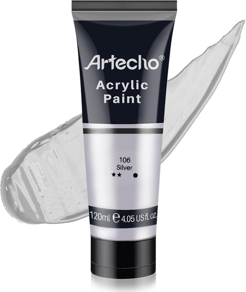 Artecho Silver Acrylic Paint, Silver Paint (120ml / 4.05oz) Tubes, Art Craft Paints for Canvas, Rock, Stone, Wood, Fabric, Art Supplies...