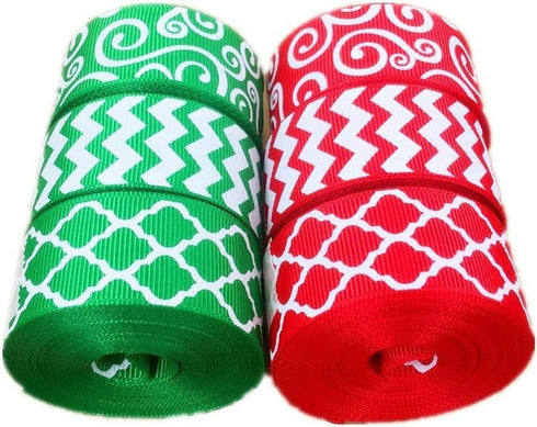 Christmas Ribbon 30 Yards(6 X 5yds) 1 Inch Red Green Grosgrain Ribbon Chevron Swirl Quatrefoil Printed...