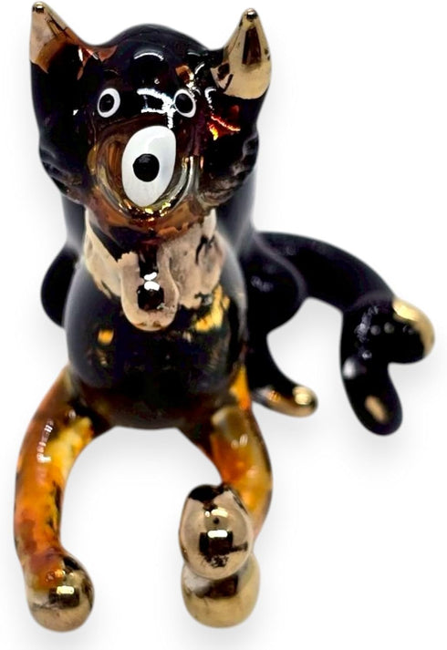 Tiny 2¼" Black Brown Crouching Play Ball Cat Figurine Miniature Hand Blown Painted Glass Cats Kitten Feline Animals Cute Crystal Decorative Collec...