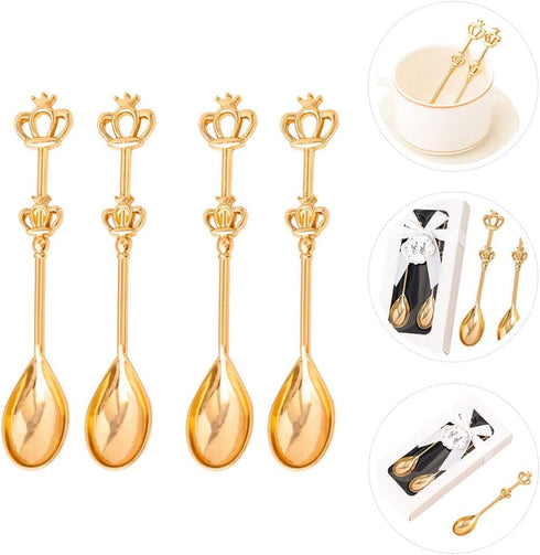 ABOOFAN 8PCS Stainless Steel Golden Coffee Cake Spoon Crown Cake Spoons Small Teaspoon for Ice-Cream, Soup, Salt, Sugar, Tea Stirring...