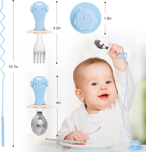 Toddler Utensils, Toddler Fork and Spoon Set Stainless Steel Toddler Silverware Set with Suction and Anti-Dropping Chain, Baby Utensils with Case ...
