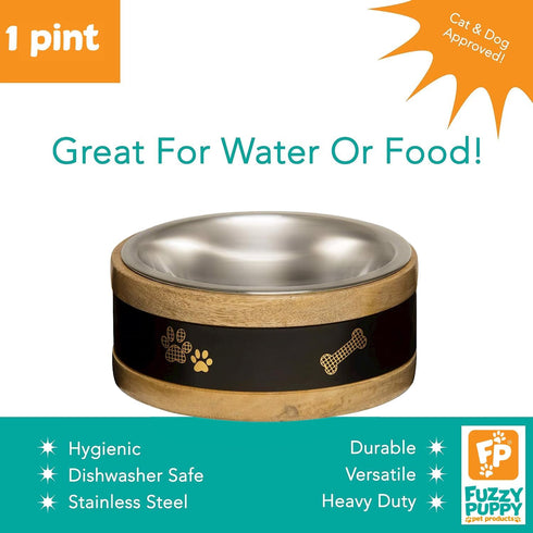 Luxury Design Stainless Steel Pet Bowl with Natural Wood Base for Dog, Cat, Pet Food and Water Bowl | Black, Pint...