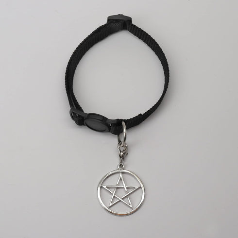 Black Cat Collar with Wiccan Pagan Pentacle Silver Finish On Safety Breakaway Collar Adjustable Neck Size 8 to 12 Inches...
