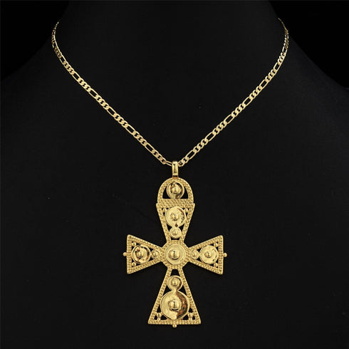 18K Gold Plated Large Ethiopian Eritrean Cross Pendant Necklace for Women Men Traditional Ornaments Habesha African Ethnic Jewelry | 3mm Figaro Ch...