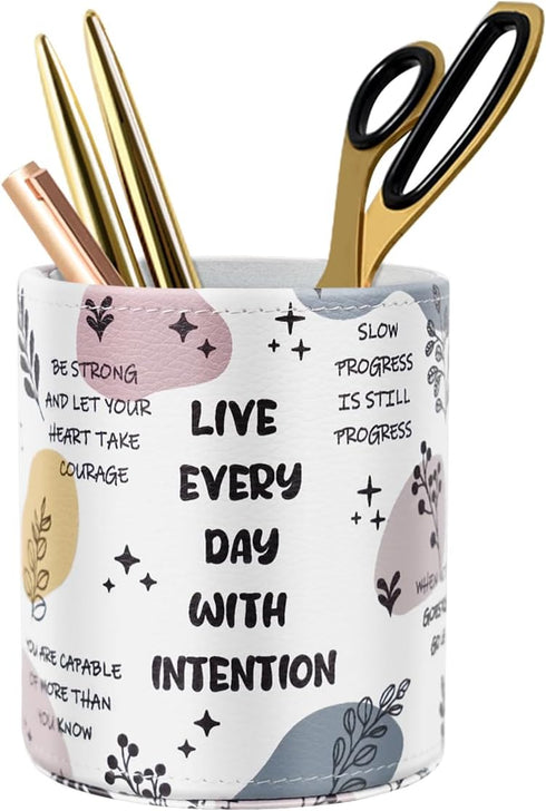 WAVEYU Desk Pen Holder Organizer Cute, Pencil Holder Cup, Makeup Brush Holder Large Pu Leather, Multi-Functional Organizer for School College Offi...