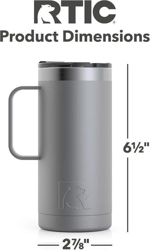 RTIC Travel Mug with Handle, 16 oz, Graphite, Portable Thermal Camping Cup, Vacuum-Insulated with Lid, Stainless Steel, Sweat Proof, Keeps Hot & C...