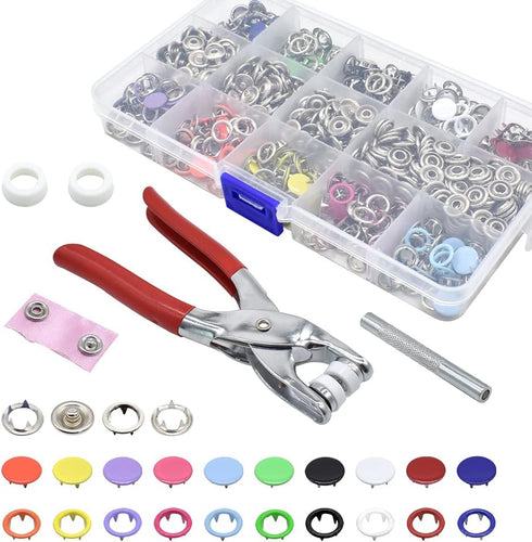 200 Sets Snaps Fasteners Kit 9.5mm 10 Colors Metal Prong Ring Button Hollow and Solid Metal Prong Snaps Buttons with Fastener Pliers Press Tool fo...