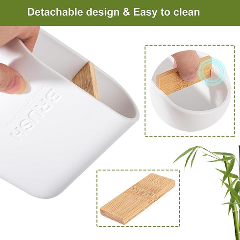 Toothbrush Holders Bamboo Electric Toothbrush Holder Bathroom Storage Organizer Countertop for Toothpaste, Floss, Razor, White...