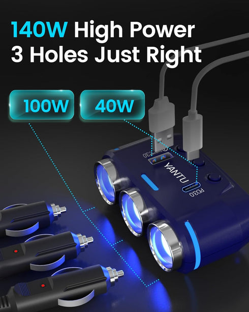 YANTU Cigarette Lighter Adapter, Car Charger Adapter 3 Socket Cigarette Lighter Splitter with LED Voltage Display PD/QC 3.0 Charger On/Off Switche...