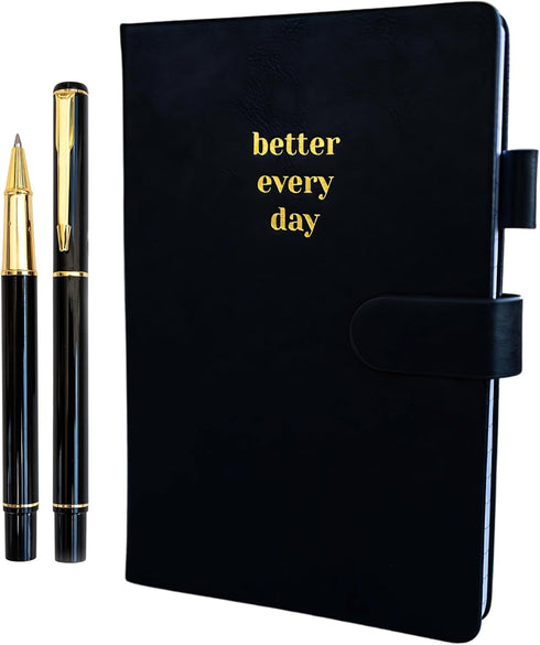 Black A5 Hardcover Notebook, 144 Pages, Lined Leather Journal with Pen, Better Everyday Journal & Daily Planner for Tasks, Checklists, Writing, Pr...