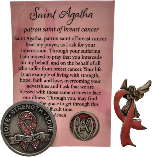 Breast Cancer Prayer Token with Patron Saint Agatha Prayer Card and Pink Ribbon Lapel Pin with Angel with Wings Design | Inspirational Gift Set of...