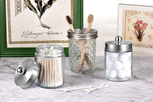 Amolliar Apothecary Jars Bathroom Vanity Organizer -Countertop Canister Jar with Storage Lid - Qtip Dispenser Holder Glass for Qtips,Cotton Swabs,...