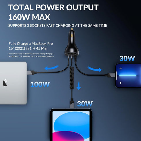 Car Charger, 160W USB C Car Charger, 3 Ports QC5.0 PD3.1 PPS Fast Charging, Car Phone Charger Adapter, Compatible with Smartphones PC Tablets...