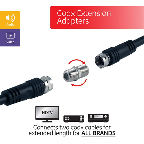 GE Coaxial Cable Extension Adapter Couplers, 4-Pack, Works on F-Type RG59 RG6 Coax Cables, Connects Two Coaxial Cables to Extend Length, Female-to...