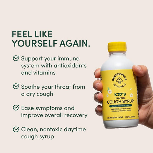 Beekeeper's Naturals Propolis Honey Cough Syrup Daytime for Kids Immune Support with Elderberry, Vitamin C, Vitamin D & Raw Honey - Throat Soothin...