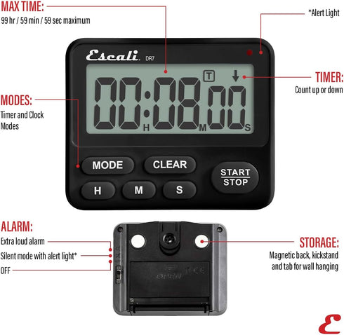 Escali Extra Loud Display Digital Kitchen Timer with Clock Mode, Recall Timer Magnetic Back...