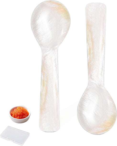 Caviar Spoons Shell Spoon, Hand Craft Mother ofPearl Caviar Spoons with Storage Box, Tiny Spoon WRound Handle for Caviar, Egg, lce Cream, Coffee,R...