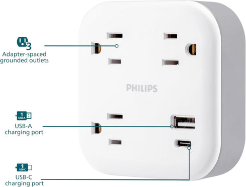 Philips 3-Outlet Surge Outlet Extender with USB, 1 USB-A, 1 USB-C, 12W, 980J, White - SPP9393W/37...