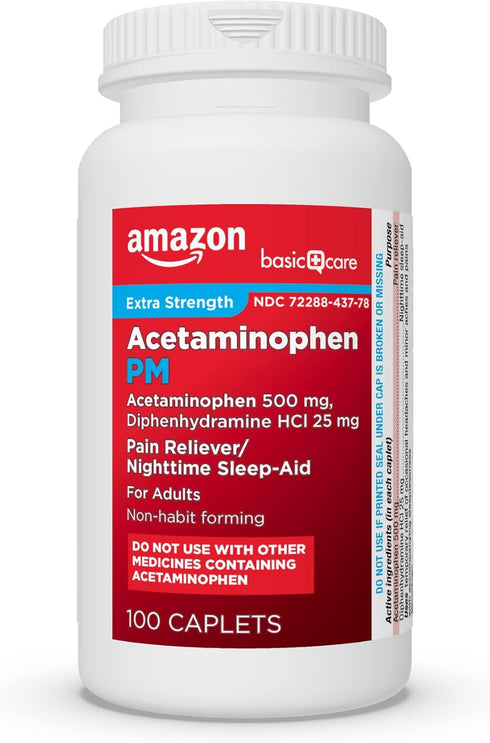 Amazon Basic Care Acetaminophen PM Caplets, Pain Reliever Plus Nighttime Sleep Aid, Extra Strength, Helps Occasional Minor Aches, Pains and Headac...
