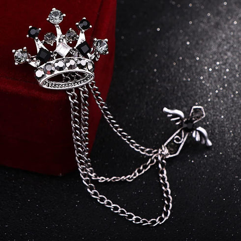 Cross Crown Long Chain Brooch, Rhinestone Tassel Brooch Pin,Retro Crystal Suit Pins Collar Pin,Coat Tassel Chain Lapel Pins for Men's Suit Accesso...