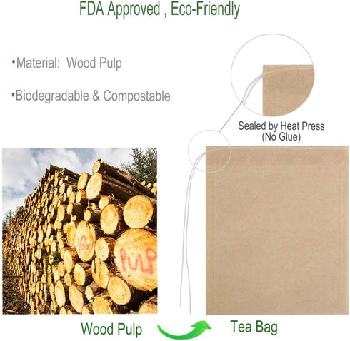 Eco-Fil Disposable Tea Filter Bags for Loose Tea, Wood Pulp Material, Biodegradable and Compostable, Unbleached Empty Tea Infuser Sachets with Dra...