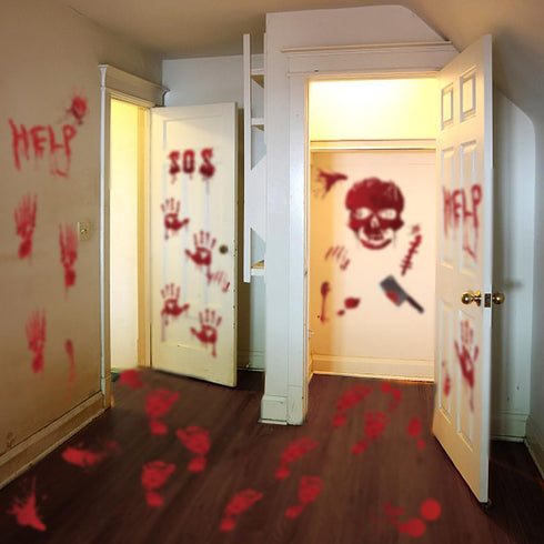 Tuzuaol 119 PCS Bloody Halloween Decorations Halloween Bloody Handprint Footprints Knife Stickers Window Wall Floor Clings Decals Horror Bathroom ...