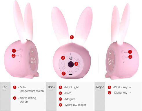 KDtech Kids Alarm Clock with Night Light 6 Ringtones, Cute Pink Bunny Digital Alarm Clock for Kids, Touch Control and Rechargeable Sleep Trainer C...