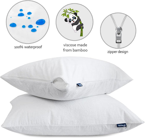 Waterproof Pillow Protector Standard Size with Zipper, Premium Viscose Made from Bamboo Terry White Pillow Cases, Noiseless Breathable Zippered Pi...