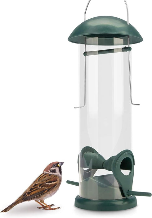 8 inch Green Seed Bird Feeder - 2 Perches, Bird Feeding Station, Seed Dispenser, Seed Silo for Wild Birds...