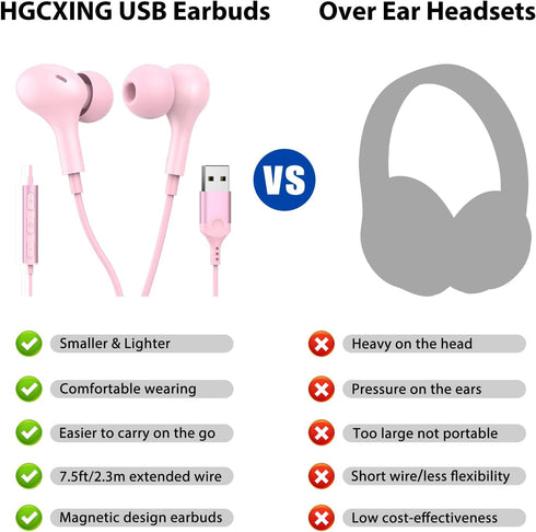 USB Headphone for PC Laptop Magnetic 2.3M Wired Earbuds Computer Headset with Microphone Control Mute Mic Noise Canceling in-Ear Eartips Corded Ea...