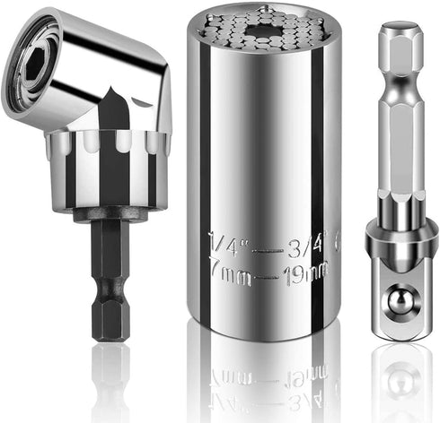 3 Pack Universal Socket, 7mm-19mm Multi-function Socket Metric Wrench Power Drill Ratchet Adapter & 105 Degree Right Angle Extension Power Screwdr...