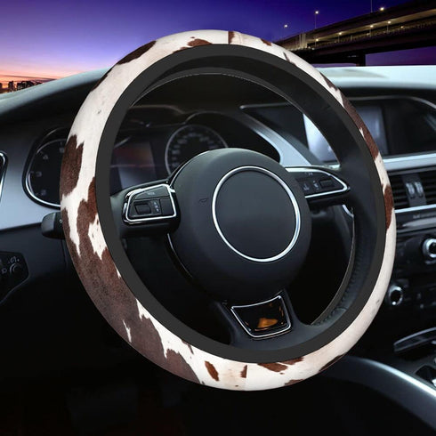 Swono Cow Skin Universal Neoprene Steering Wheel Cover Australian Cow Skin Brown 15 Inch Steering Wheel Covers, Printed Steering Wheel Elastic Pro...