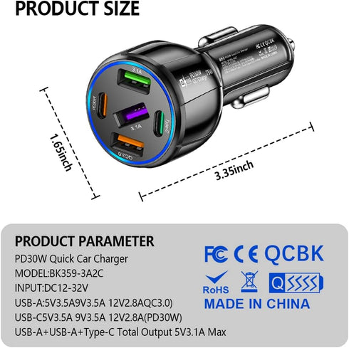 75W Ultra-Fast Car Charger, 30W/QC3.0/Type C 5-Port Smart Shunt 12 Volt Car Adapter Cigarette Lighter USB Charger Compatible with iPhone 14 Pro MA...