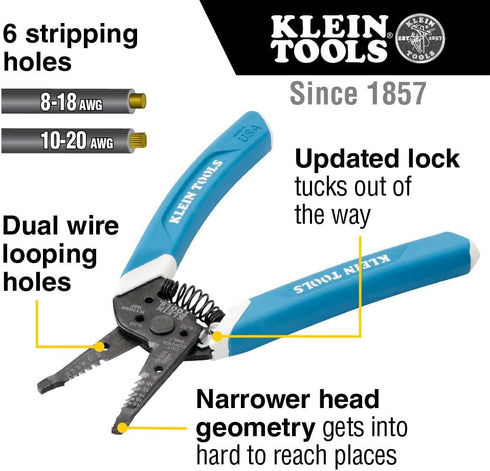 Klein Tools K11095 Klein-Kurve Wire Stripper and Cutter, for 8-18 AWG Solid and 10-20 AWG Stranded Wire...