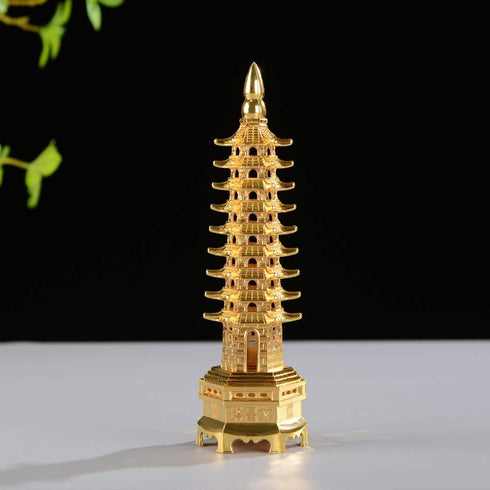 BRABUD 7'' Alloy Fengshui 9 Level Pagoda Wenchang Tower Statue Protection Business Rises Desk Decor Collectible Golden Color ZD112...