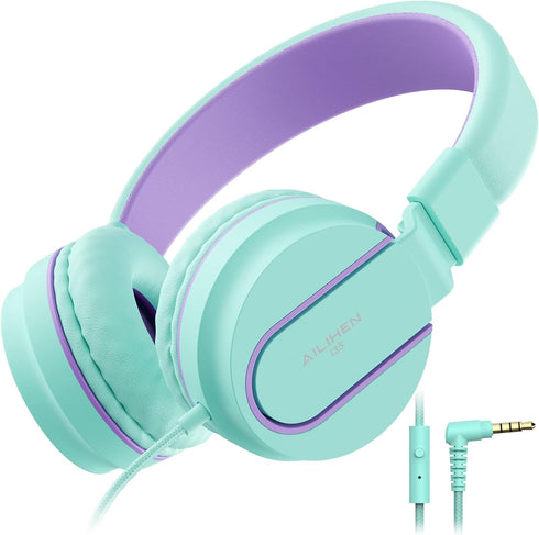 Kids Headphones, AILIHEN I35 On-Ear Headphones for School, 93dB Headphones Boy Girl, 3.5mm Wired Mic for Chromebook, Laptop (Green/Purple)...