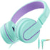 Kids Headphones, AILIHEN I35 On-Ear Headphones for School, 93dB Headphones Boy Girl, 3.5mm Wired Mic for Chromebook, Laptop (Green/Purple)...