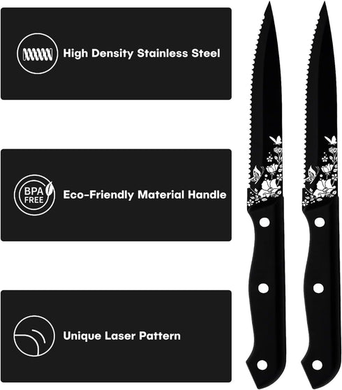 Stapava Steak Knives Set of 8, Stainless Steel Steak Knife Set Black, Sharp Serrated Dinner Knives Matte with Laser Pattern for Kitchen Restaurant...