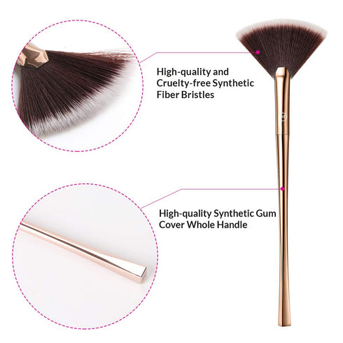 Fan Makeup Brush For Highlighter, Blush, Flutty&Powder Cosmetic Tool w/Long Handle& Anti-Champagne Gold Brush...