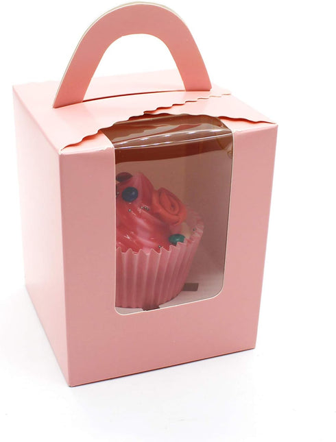 50 Pcs Pink Paper Cupcakes Boxes,Portable Single Individual Cupcake Gift Boxes with Window Inserts Handle for Wedding Candy Boxes (Pink)...