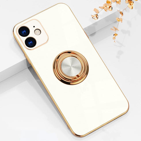 for iPhone 12 Phone Case with 360° Rotatable Finger Ring Holder Kickstand Magnetic Shiny Gold Plated Edge for Women Men Shockproof Soft TPU Protec...