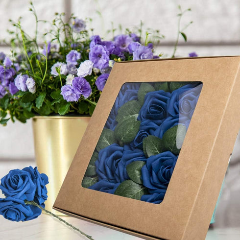 Artificial Flowers 25pcs Real Looking Royal Blue Foam Fake Roses with Stems for DIY Wedding Bouquets White Bridal Shower Centerpieces Arrangements...