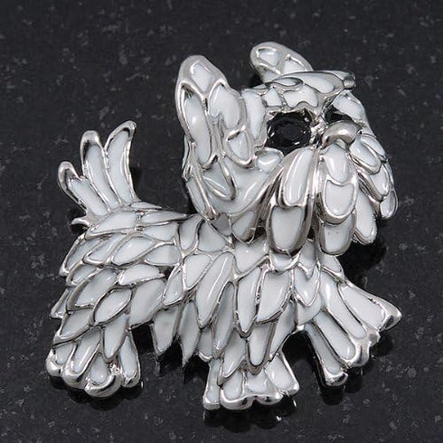 White Enamel Yorkie Puppy Dog Brooch In Rhodium Plating - 4cm Length...