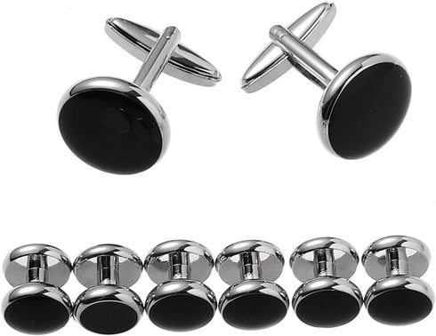FM FM42 Mens Black Enameled Round Cufflinks Set for Clothing Shirts, Pack of 8...
