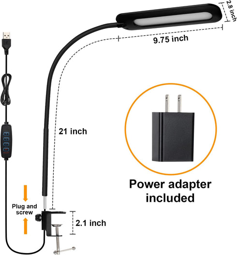 LED Desk lamps with Clamp for Home Office,High Brightness,3 Color Temperatures and Dimmable Clip On Desk Light,Flexible Gooseneck Desk Lamp with U...