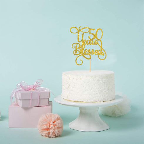 Gold Glitter 50 Years Blessed Cake Topper - for 50th Wedding Anniversary / 50th Anniversary Party / 50th Birthday Party Decorations...
