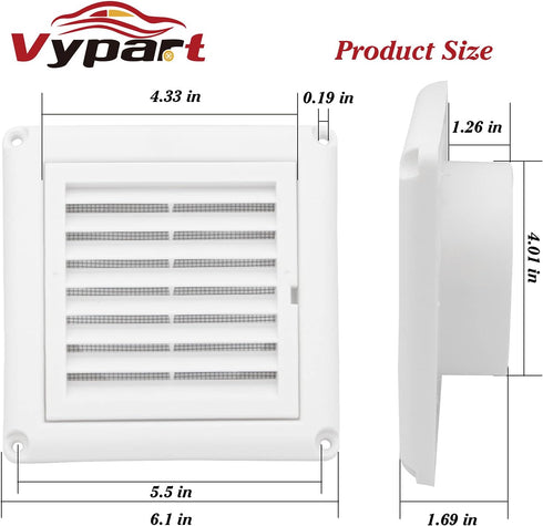 4" Louvered Vent Cover by Vypart Exterior Wall Air Vent Cap Replacement with Fabric Fine Screen,Vent Louvered Outdoor Dryer Vent Cover with 4 Screws,Easy Install